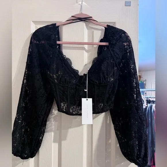 Lush Black Lace Corset Top Long Sleeve Bustier NWT Size M - Picture 1 of 8